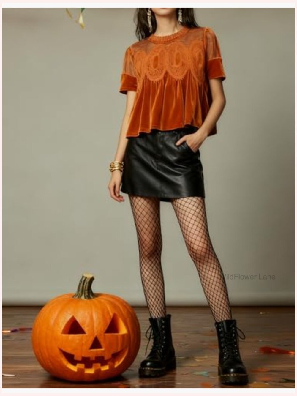 Velvet Lace Short Sleeve Blouse Flared Swing Top Loose Fit Blouse - Picture 5 of 7